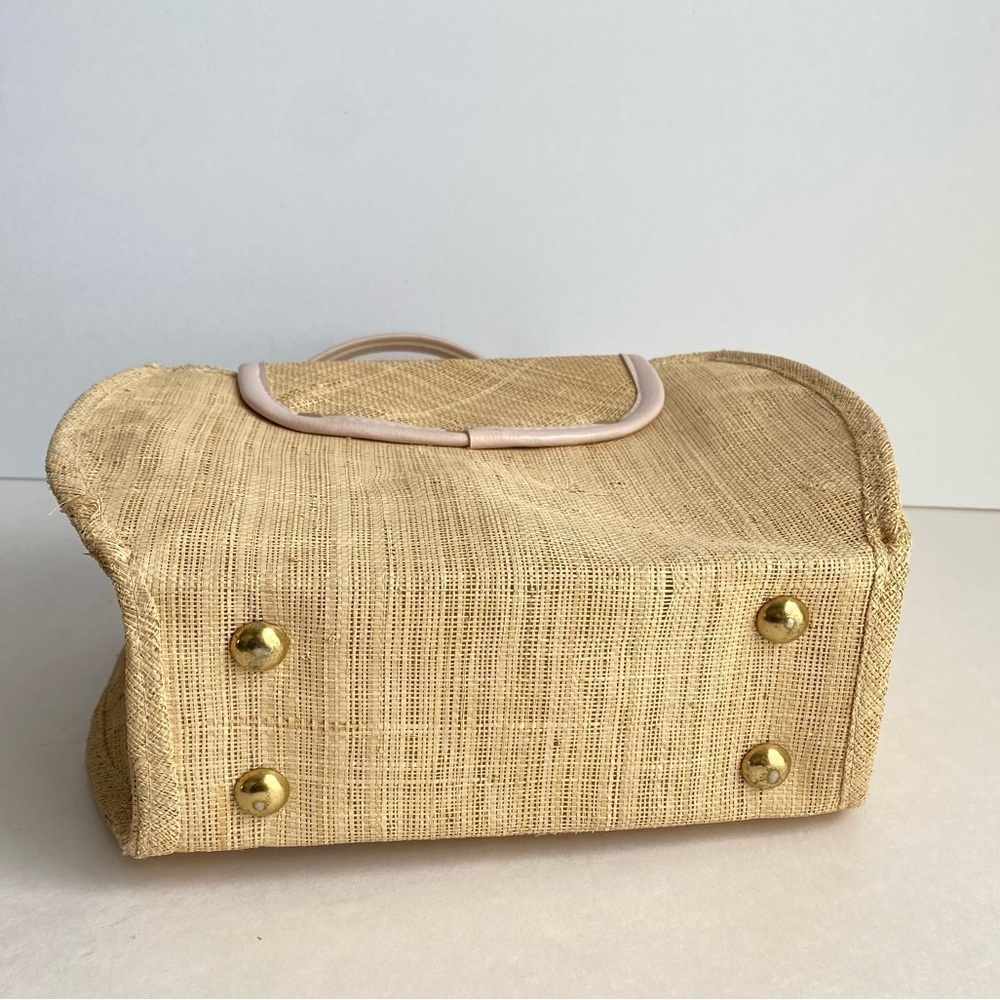 Vintage 50s 60s Straw Raffia Purse Floral Top Handle Bag Summer Beach Handbag - Picture 8 of 11